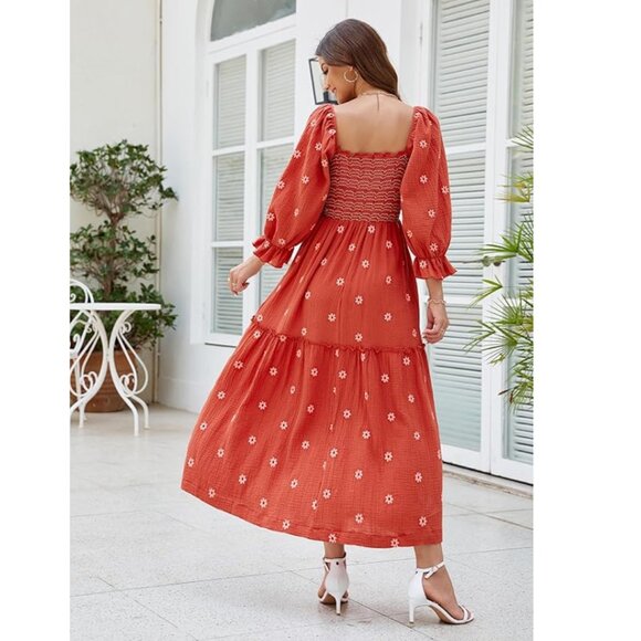 Women XS/S Floral Embroidered Midi Maxi Dress Long Puff Sleeve Square Neck - Picture 3 of 16